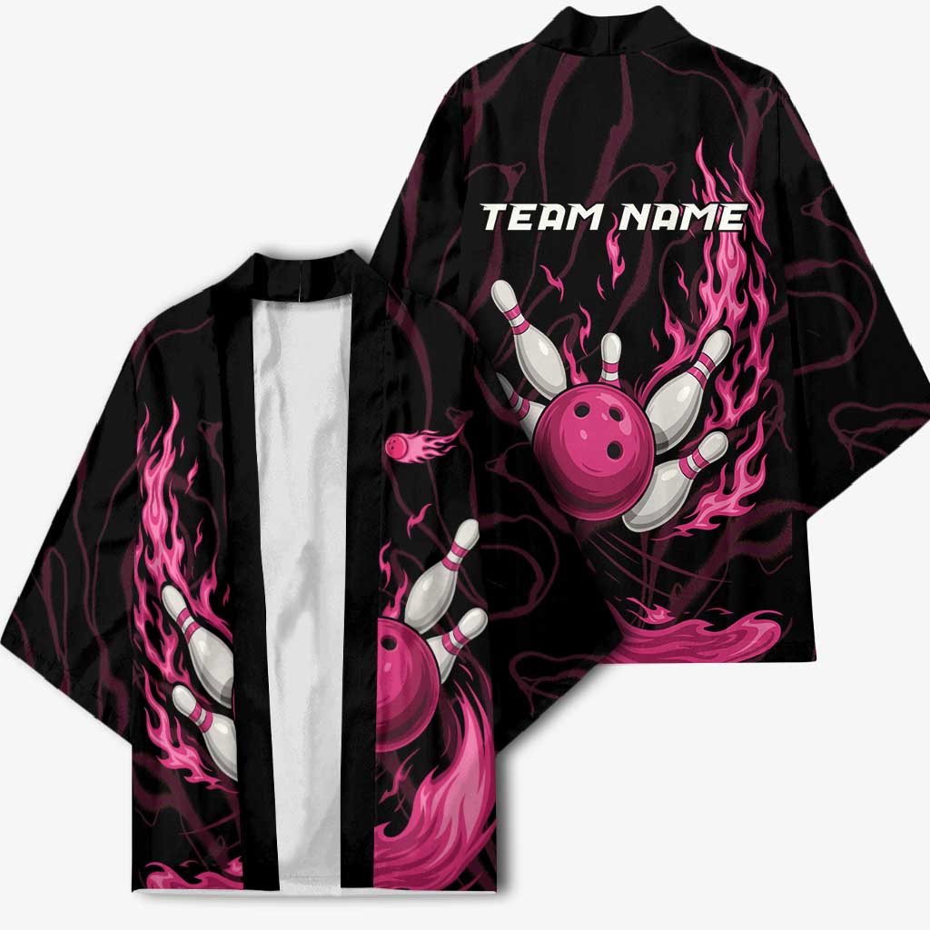 Pink Flaming Bowling Ball and Pins Kimono with Lightning Effect Graphic Design - Wonder Print Shop