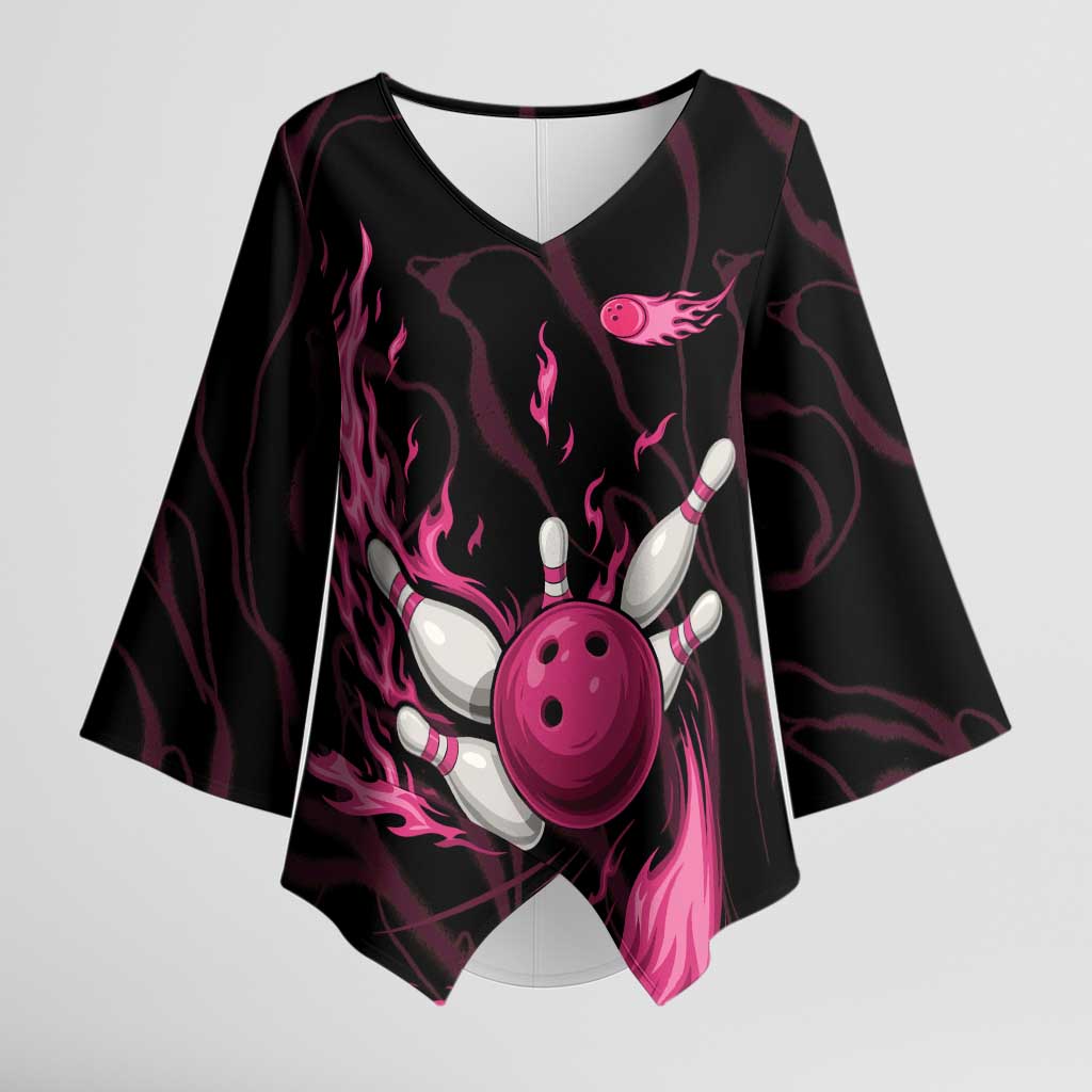 Pink Flaming Bowling Ball and Pins Kimono Sleeve Blouse with Lightning Effect Graphic Design - Wonder Print Shop