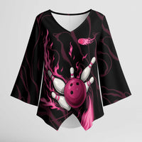 Pink Flaming Bowling Ball and Pins Kimono Sleeve Blouse with Lightning Effect Graphic Design - Wonder Print Shop