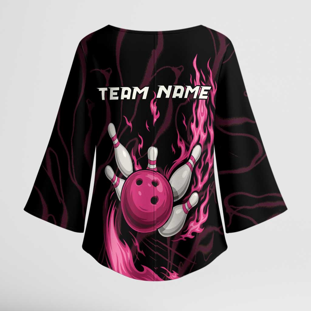 Pink Flaming Bowling Ball and Pins Kimono Sleeve Blouse with Lightning Effect Graphic Design - Wonder Print Shop