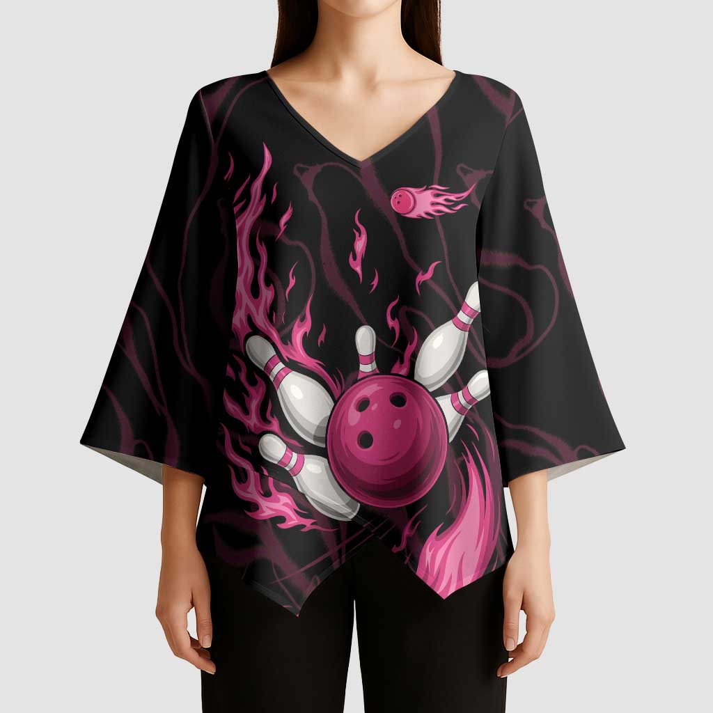 Pink Flaming Bowling Ball and Pins Kimono Sleeve Blouse with Lightning Effect Graphic Design - Wonder Print Shop