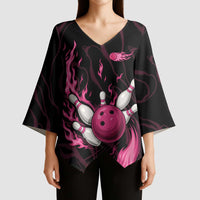 Pink Flaming Bowling Ball and Pins Kimono Sleeve Blouse with Lightning Effect Graphic Design - Wonder Print Shop