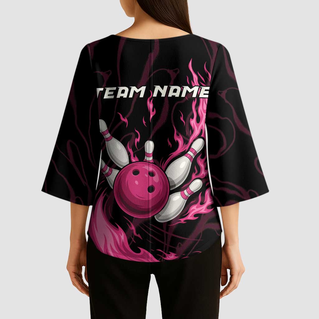 Pink Flaming Bowling Ball and Pins Kimono Sleeve Blouse with Lightning Effect Graphic Design - Wonder Print Shop