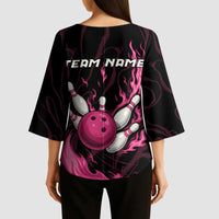 Pink Flaming Bowling Ball and Pins Kimono Sleeve Blouse with Lightning Effect Graphic Design - Wonder Print Shop