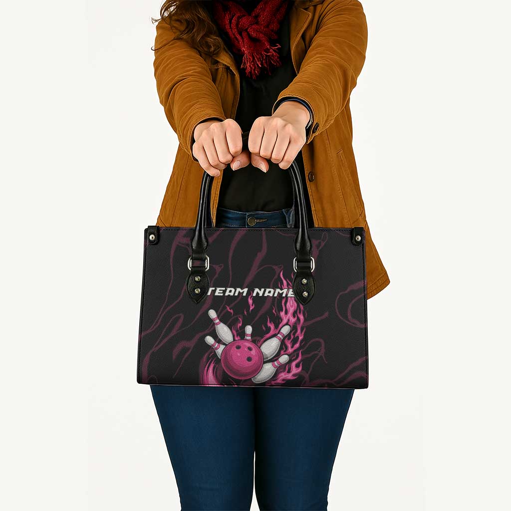 Pink Flaming Bowling Ball and Pins Leather Bag with Lightning Effect Graphic Design - Wonder Print Shop