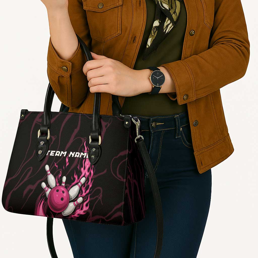 Pink Flaming Bowling Ball and Pins Leather Bag with Lightning Effect Graphic Design - Wonder Print Shop