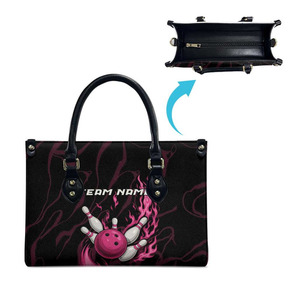 Pink Flaming Bowling Ball and Pins Leather Bag with Lightning Effect Graphic Design - Wonder Print Shop