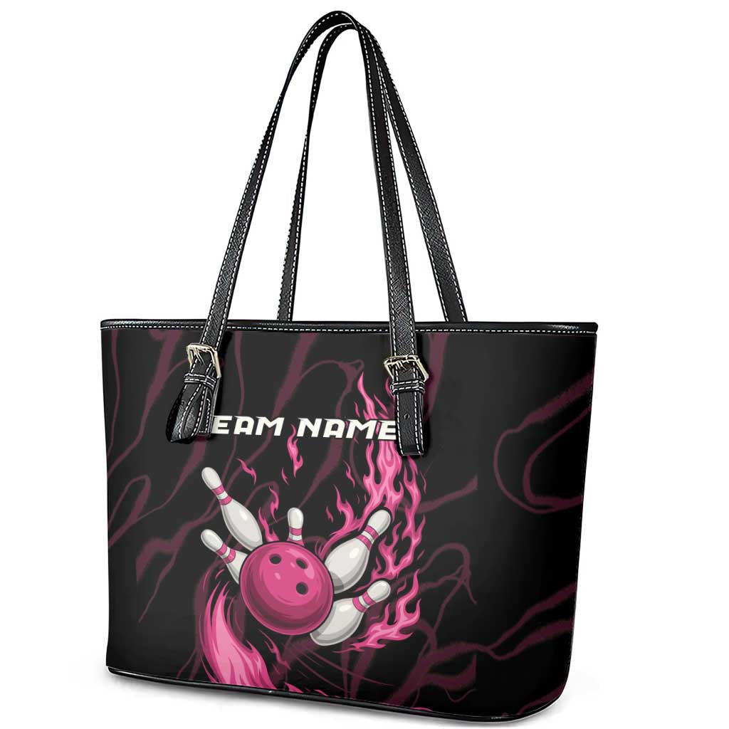 Pink Flaming Bowling Ball and Pins Leather Tote Bag with Lightning Effect Graphic Design - Wonder Print Shop