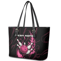 Pink Flaming Bowling Ball and Pins Leather Tote Bag with Lightning Effect Graphic Design - Wonder Print Shop