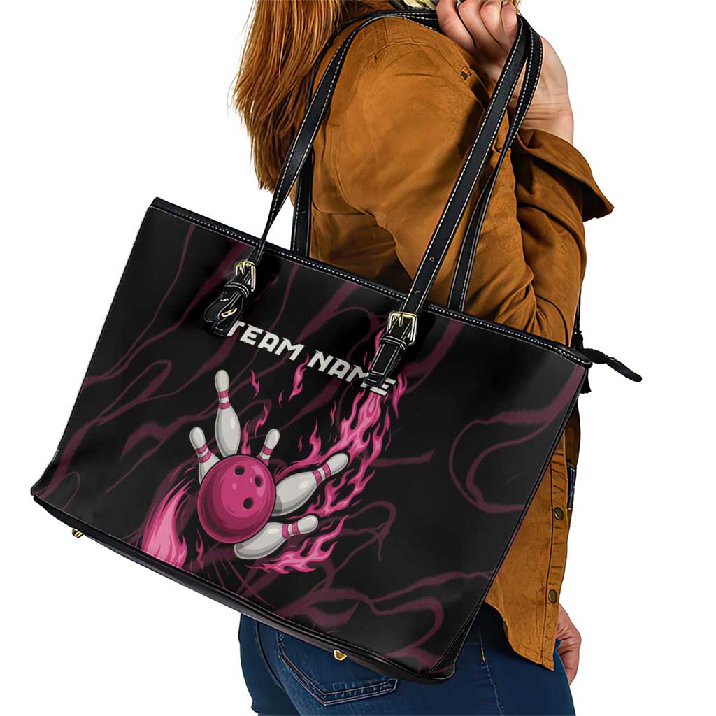 Pink Flaming Bowling Ball and Pins Leather Tote Bag with Lightning Effect Graphic Design - Wonder Print Shop