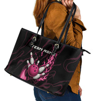 Pink Flaming Bowling Ball and Pins Leather Tote Bag with Lightning Effect Graphic Design - Wonder Print Shop