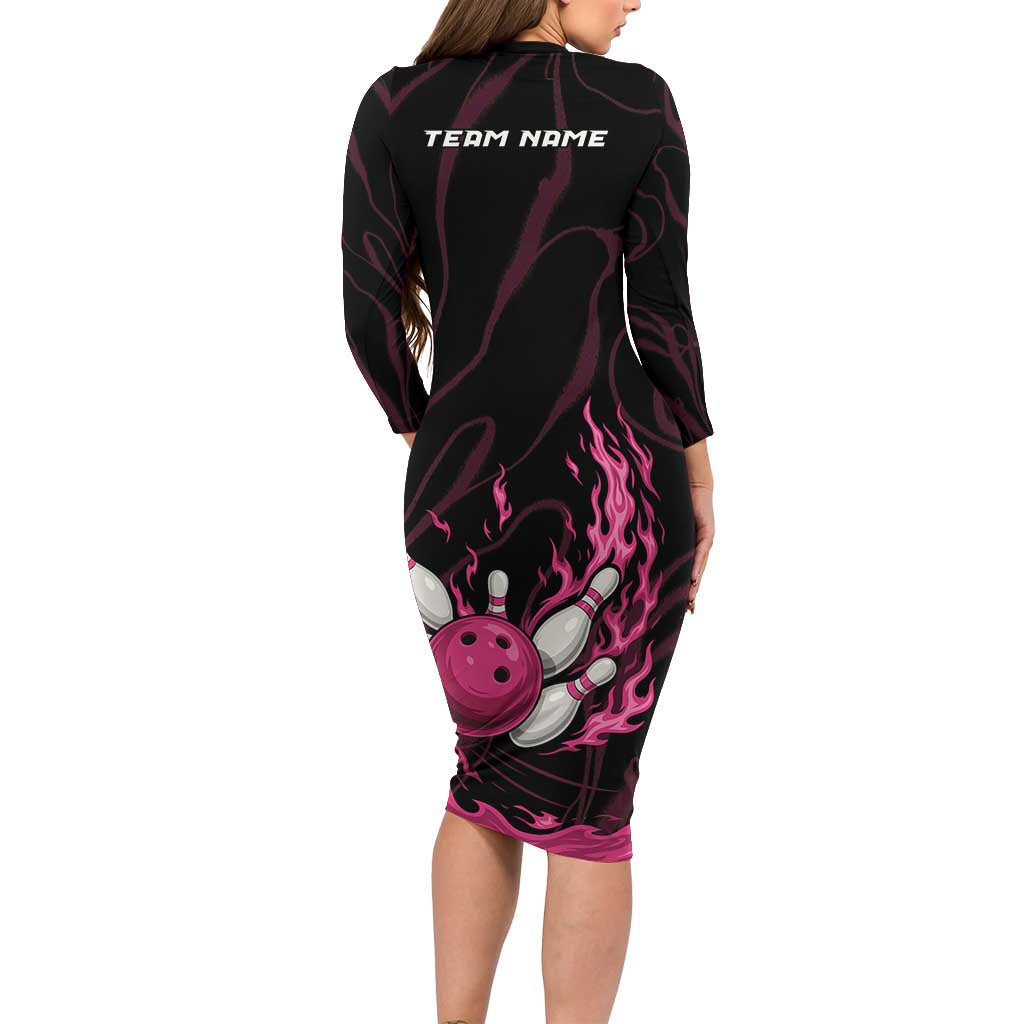 Pink Flaming Bowling Ball and Pins Long Sleeve Bodycon Dress with Lightning Effect Graphic Design - Wonder Print Shop