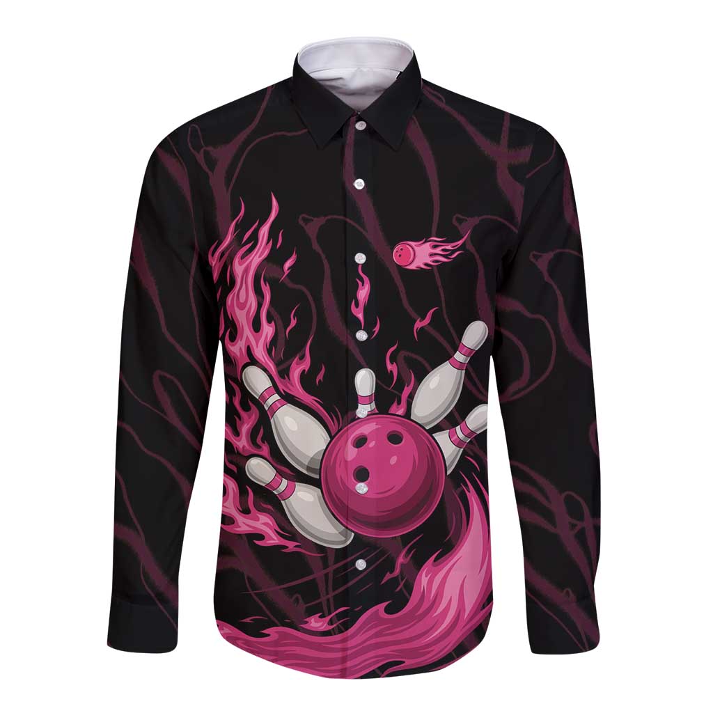 Pink Flaming Bowling Ball and Pins Long Sleeve Button Shirt with Lightning Effect Graphic Design - Wonder Print Shop