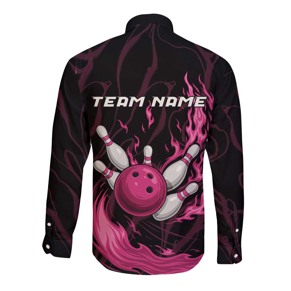 Pink Flaming Bowling Ball and Pins Long Sleeve Button Shirt with Lightning Effect Graphic Design - Wonder Print Shop