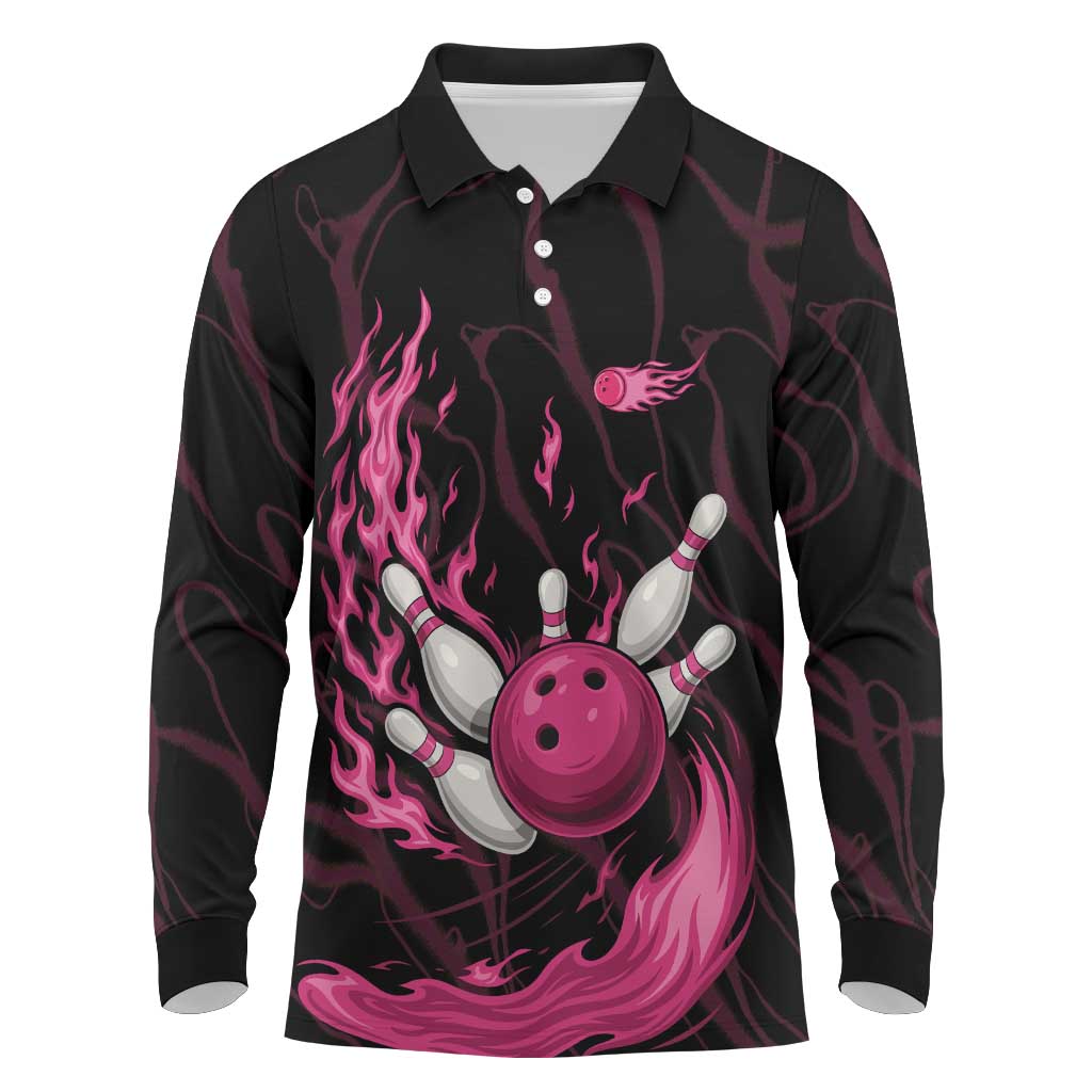 Pink Flaming Bowling Ball and Pins Long Sleeve Polo Shirt with Lightning Effect Graphic Design - Wonder Print Shop