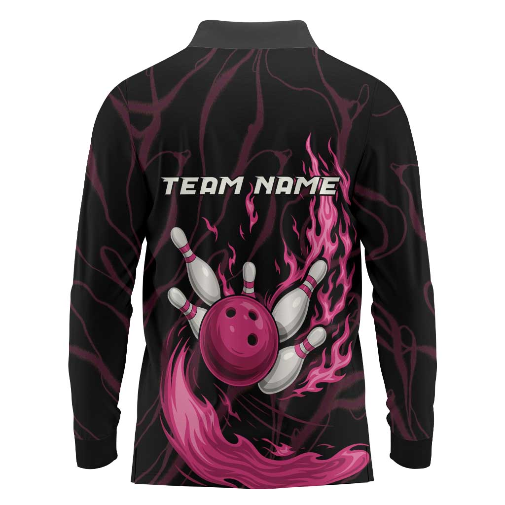 Pink Flaming Bowling Ball and Pins Long Sleeve Polo Shirt with Lightning Effect Graphic Design - Wonder Print Shop