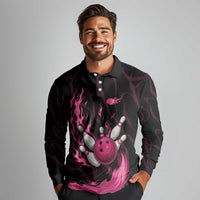 Pink Flaming Bowling Ball and Pins Long Sleeve Polo Shirt with Lightning Effect Graphic Design - Wonder Print Shop