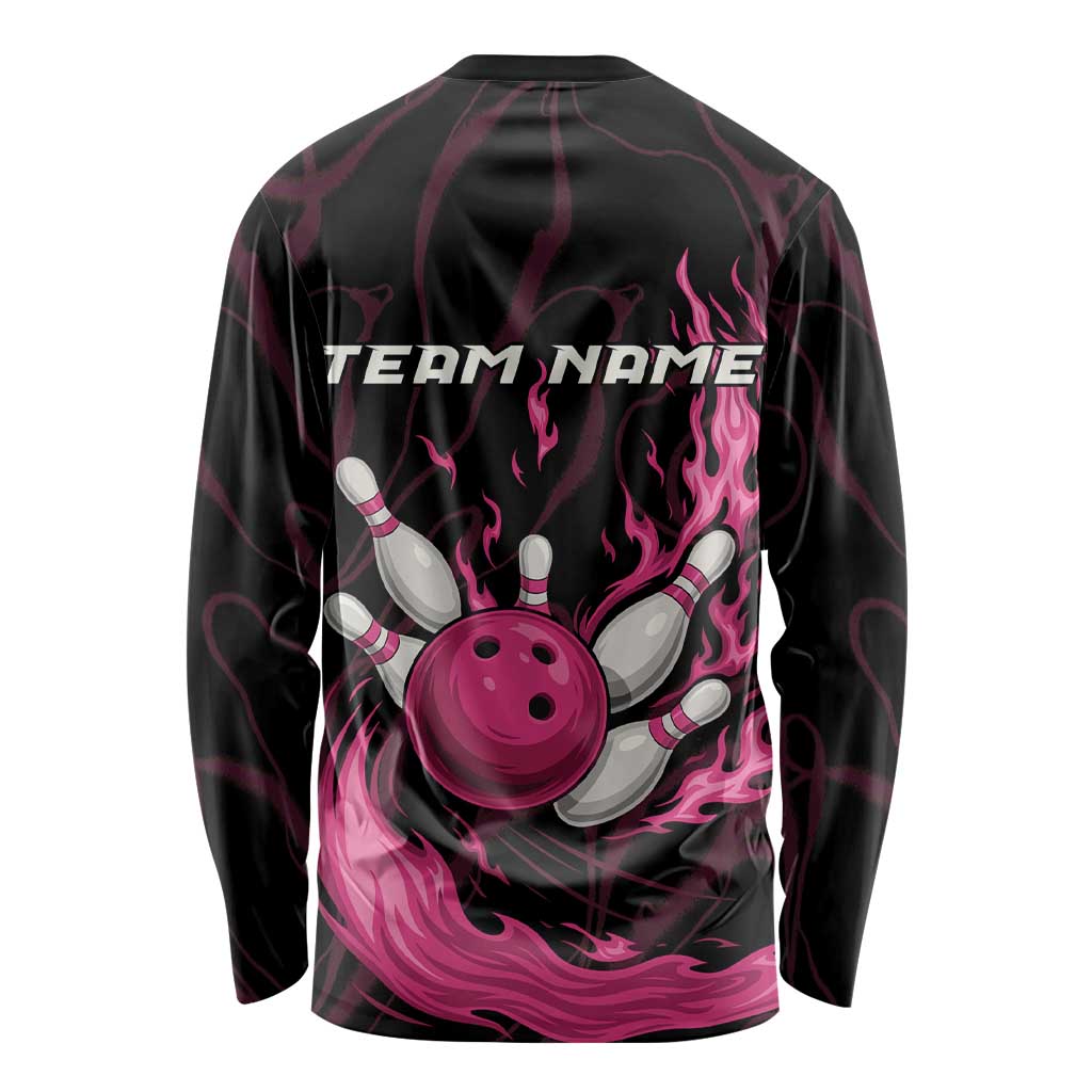 Pink Flaming Bowling Ball and Pins Long Sleeve Shirt with Lightning Effect Graphic Design - Wonder Print Shop