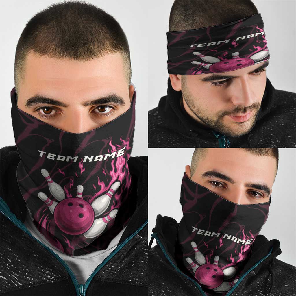 Pink Flaming Bowling Ball and Pins Neck Gaiter with Lightning Effect Graphic Design TS04