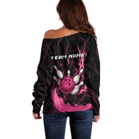 Pink Flaming Bowling Ball and Pins Off Shoulder Sweater with Lightning Effect Graphic Design - Wonder Print Shop