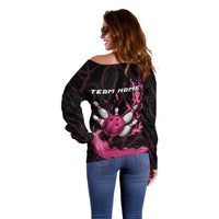 Pink Flaming Bowling Ball and Pins Off Shoulder Sweater with Lightning Effect Graphic Design - Wonder Print Shop
