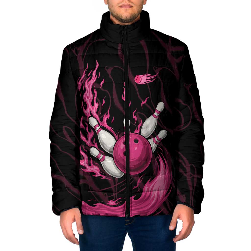 Pink Flaming Bowling Ball and Pins Padded Jacket with Lightning Effect Graphic Design - Wonder Print Shop