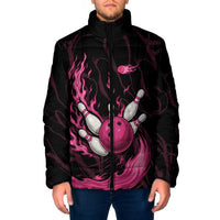 Pink Flaming Bowling Ball and Pins Padded Jacket with Lightning Effect Graphic Design - Wonder Print Shop