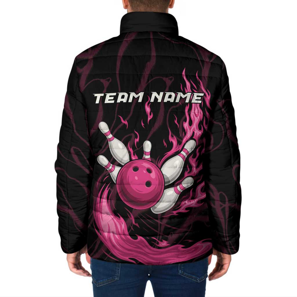 Pink Flaming Bowling Ball and Pins Padded Jacket with Lightning Effect Graphic Design - Wonder Print Shop