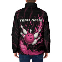Pink Flaming Bowling Ball and Pins Padded Jacket with Lightning Effect Graphic Design - Wonder Print Shop