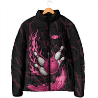 Pink Flaming Bowling Ball and Pins Padded Jacket with Lightning Effect Graphic Design - Wonder Print Shop