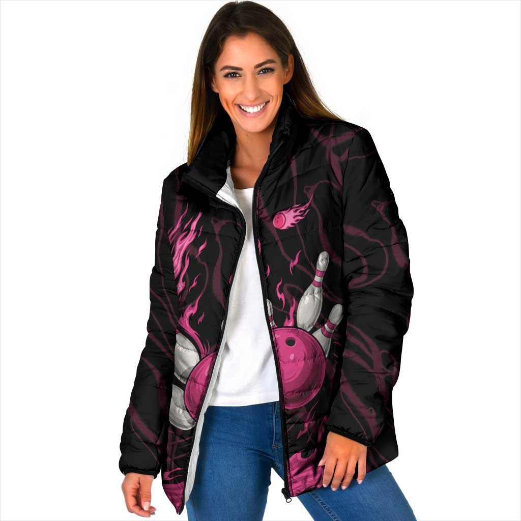 Pink Flaming Bowling Ball and Pins Padded Jacket with Lightning Effect Graphic Design - Wonder Print Shop