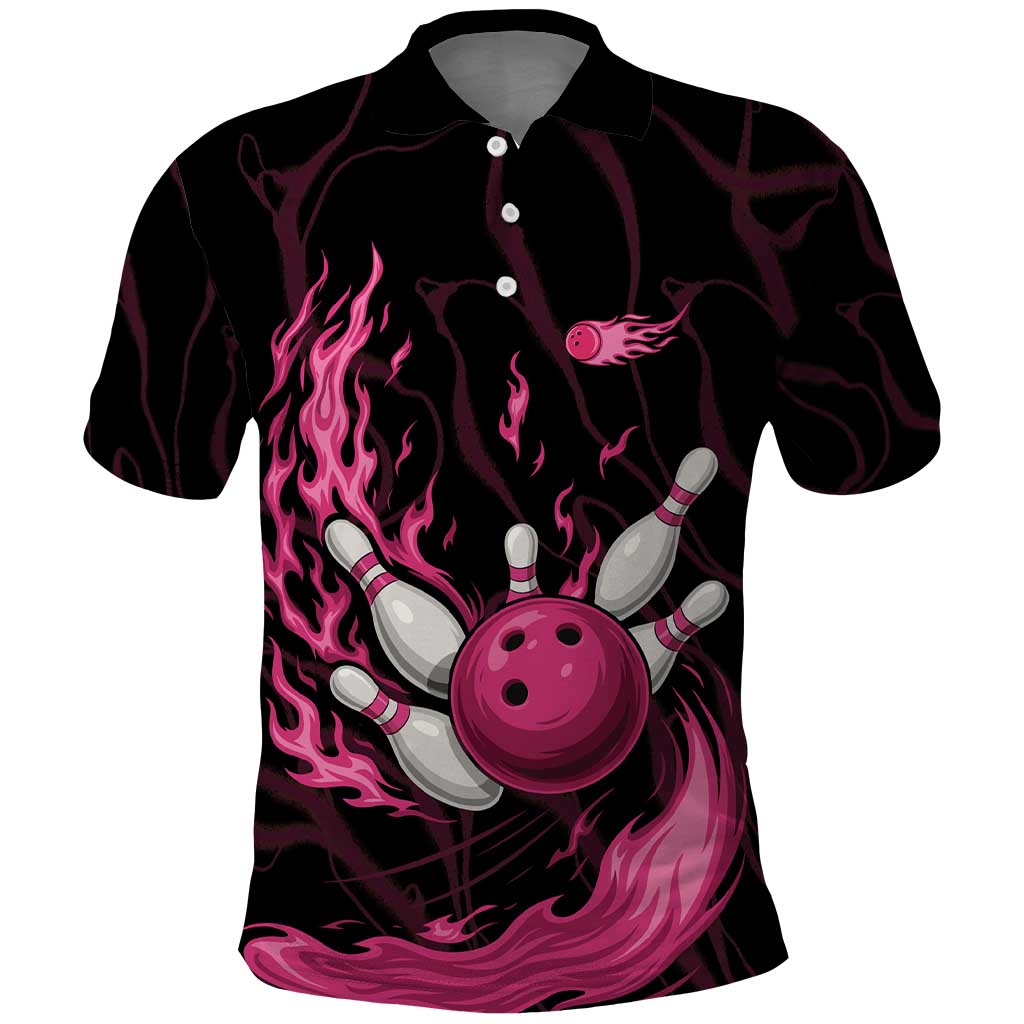 Pink Flaming Bowling Ball and Pins Polo Shirt with Lightning Effect Graphic Design - Wonder Print Shop