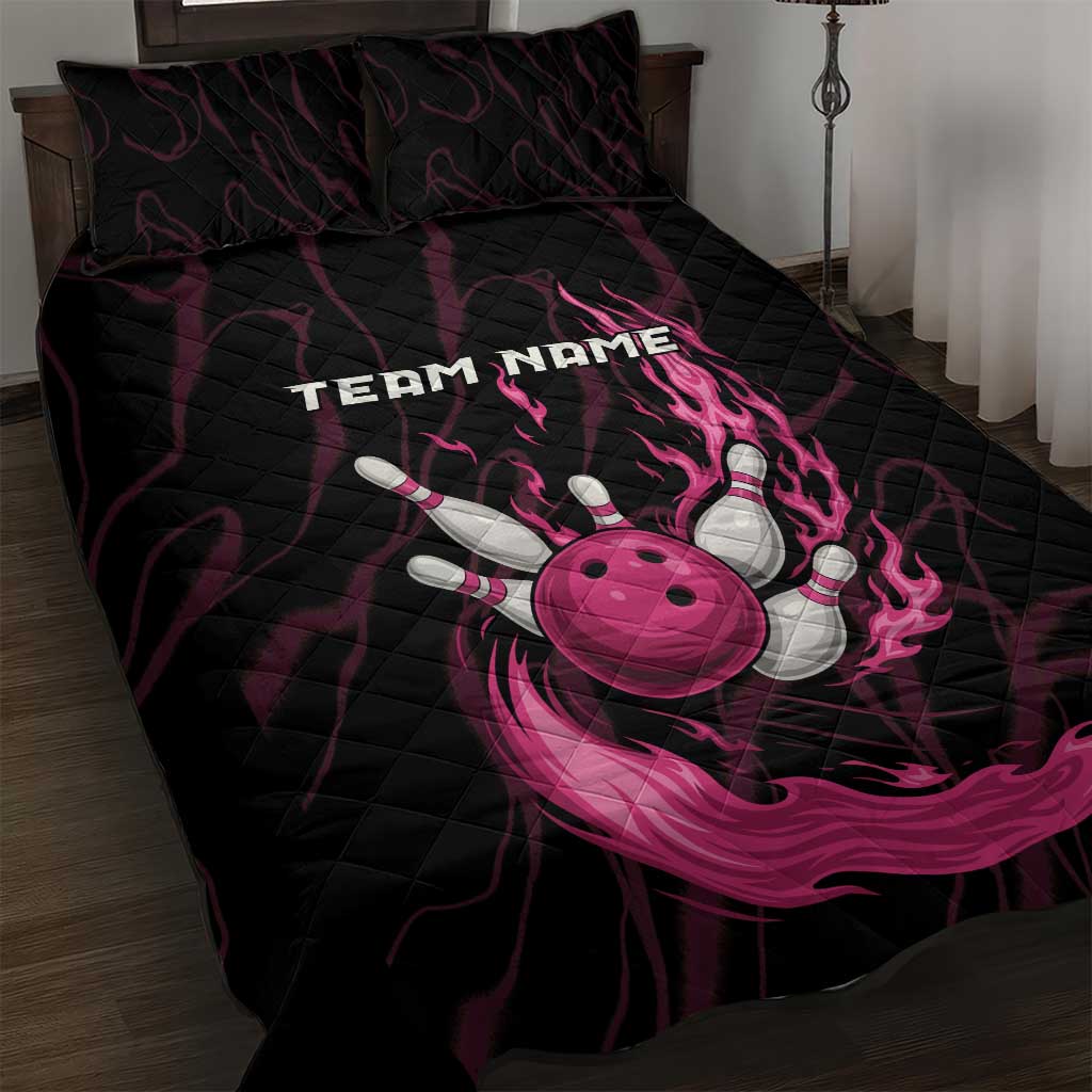 Pink Flaming Bowling Ball and Pins Quilt Bed Set with Lightning Effect Graphic Design - Wonder Print Shop