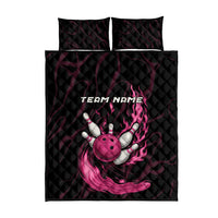 Pink Flaming Bowling Ball and Pins Quilt Bed Set with Lightning Effect Graphic Design - Wonder Print Shop