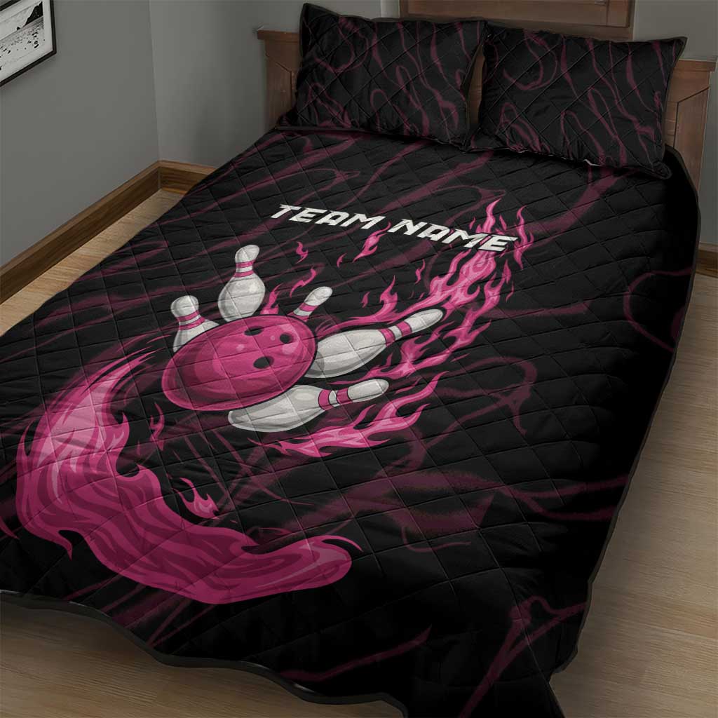 Pink Flaming Bowling Ball and Pins Quilt Bed Set with Lightning Effect Graphic Design - Wonder Print Shop