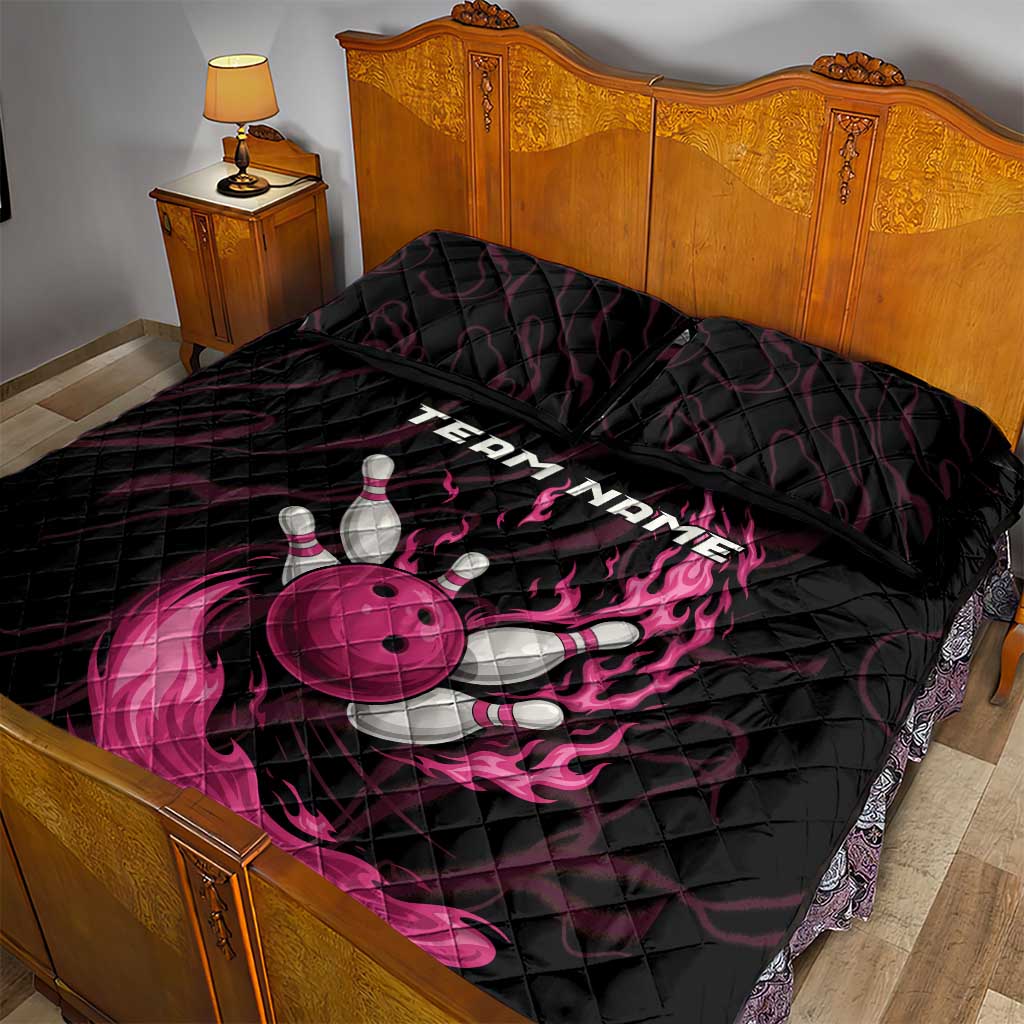 Pink Flaming Bowling Ball and Pins Quilt Bed Set with Lightning Effect Graphic Design - Wonder Print Shop