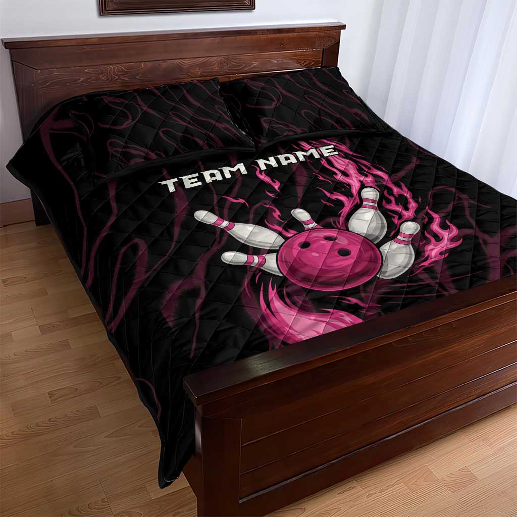 Pink Flaming Bowling Ball and Pins Quilt Bed Set with Lightning Effect Graphic Design - Wonder Print Shop