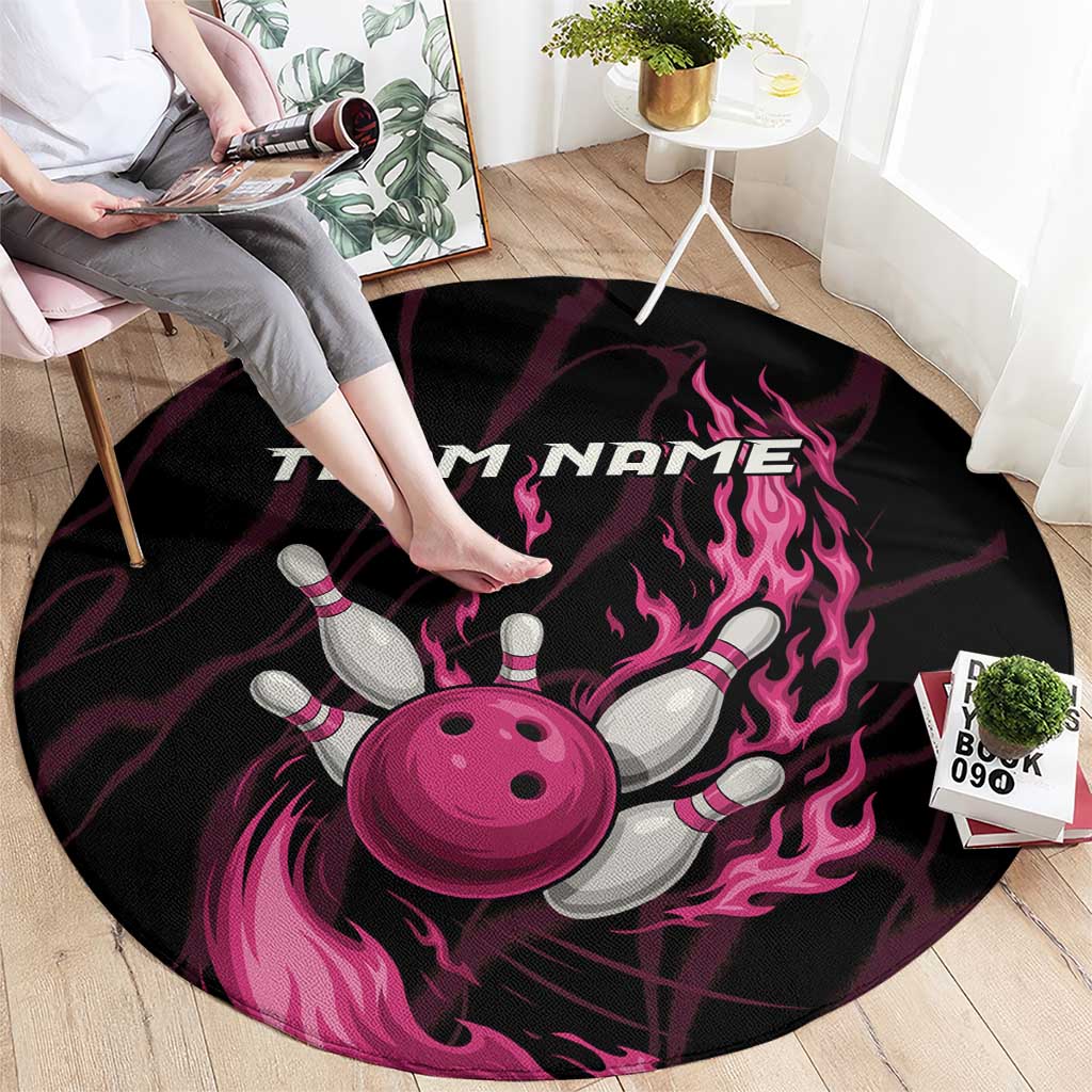 Pink Flaming Bowling Ball and Pins Round Carpet with Lightning Effect Graphic Design - Wonder Print Shop