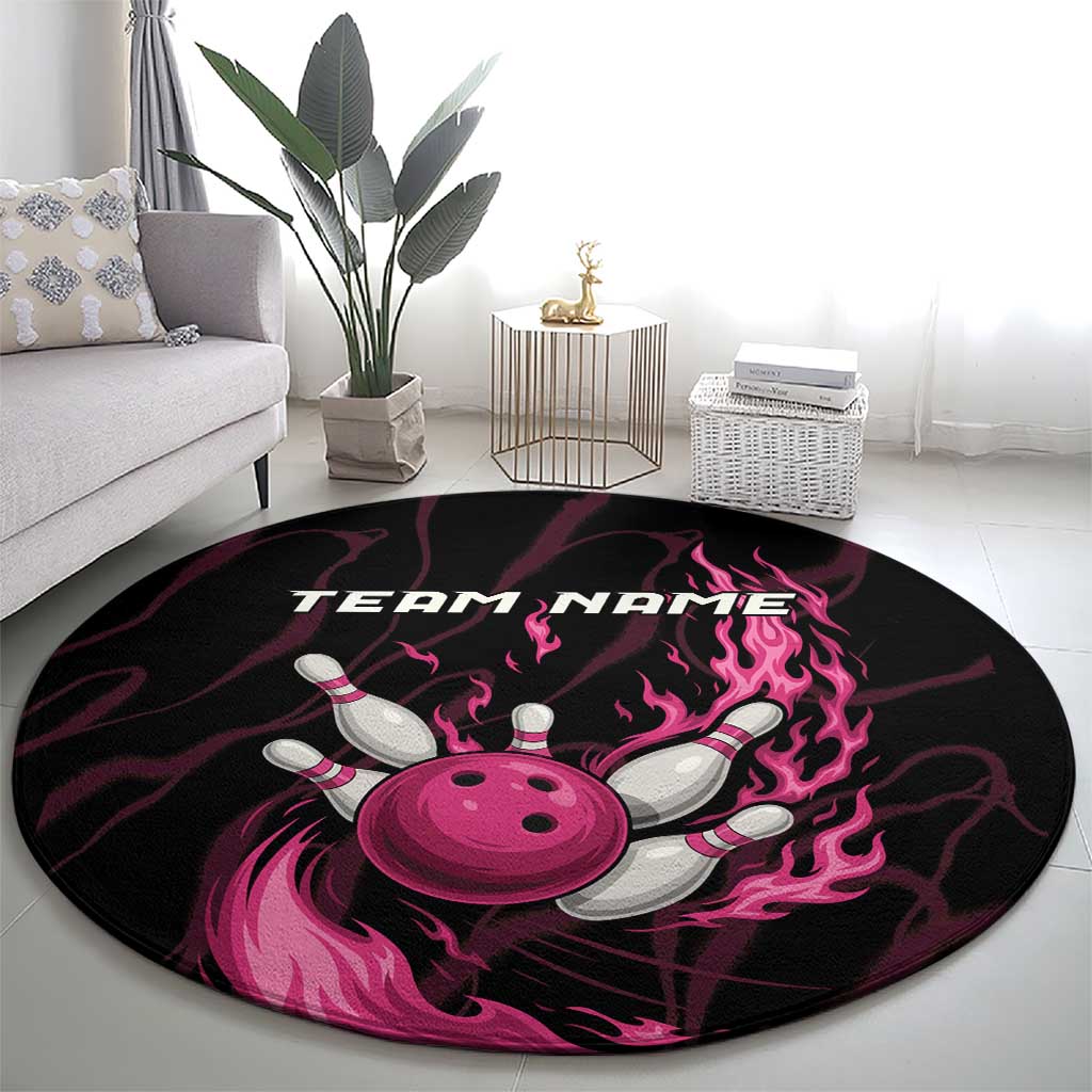 Pink Flaming Bowling Ball and Pins Round Carpet with Lightning Effect Graphic Design - Wonder Print Shop