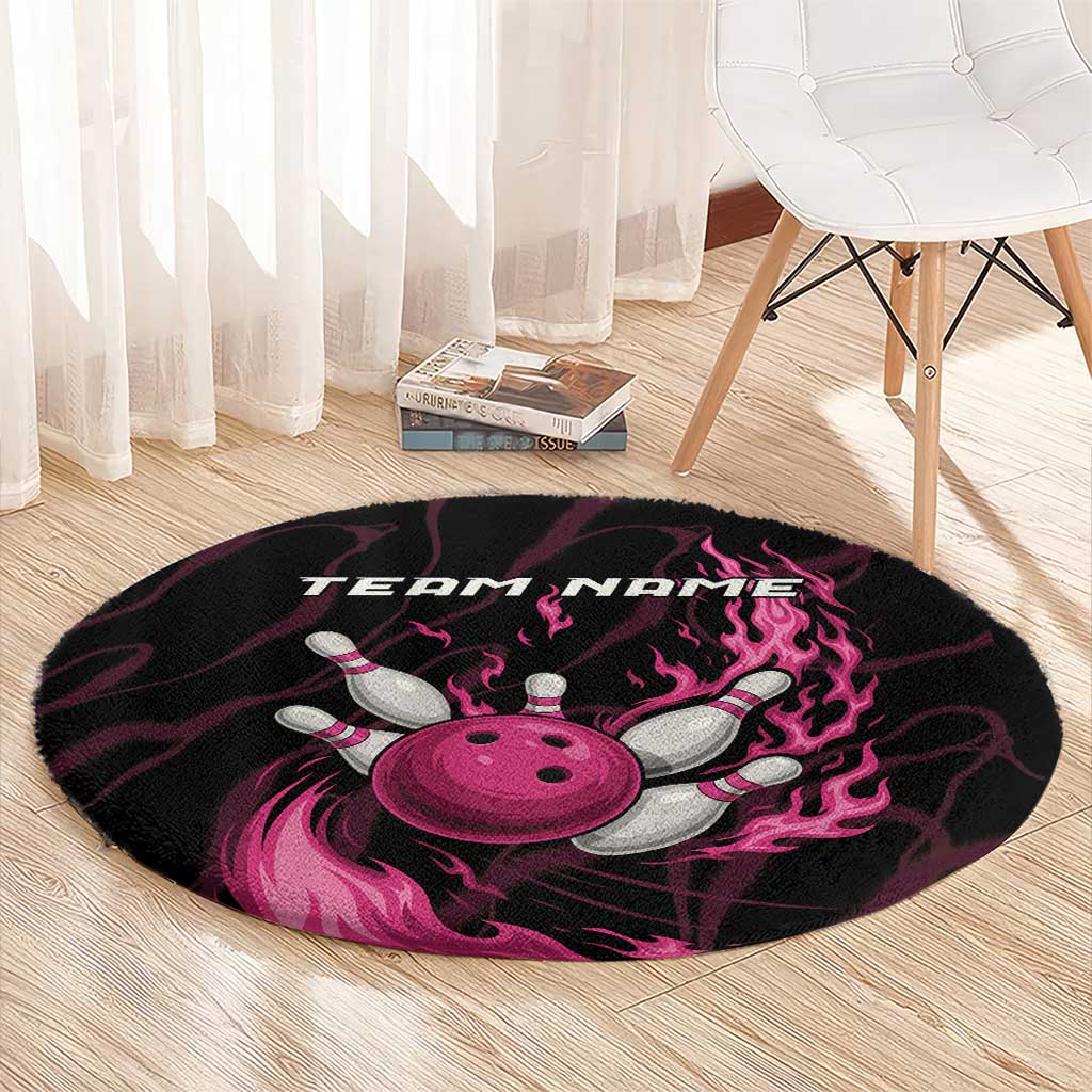 Pink Flaming Bowling Ball and Pins Round Carpet with Lightning Effect Graphic Design - Wonder Print Shop