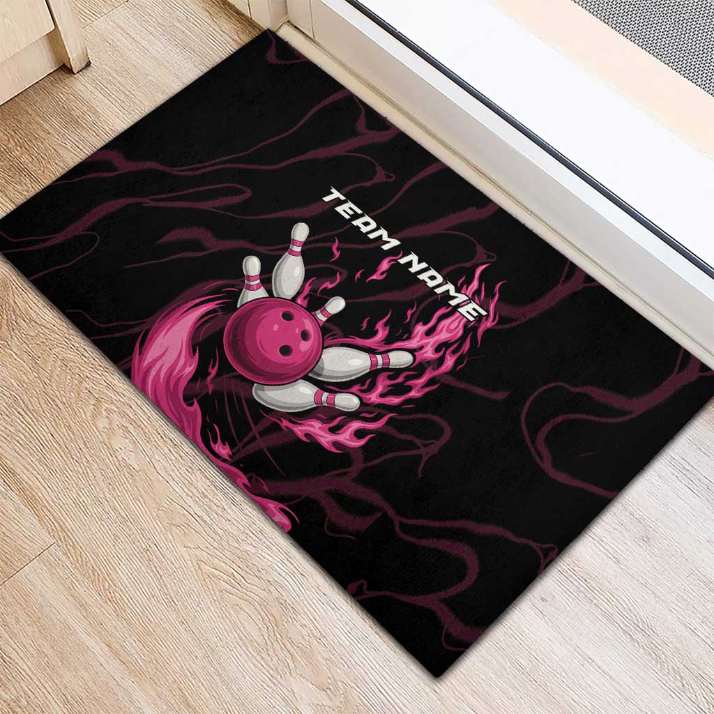 Pink Flaming Bowling Ball and Pins Rubber Doormat with Lightning Effect Graphic Design - Wonder Print Shop