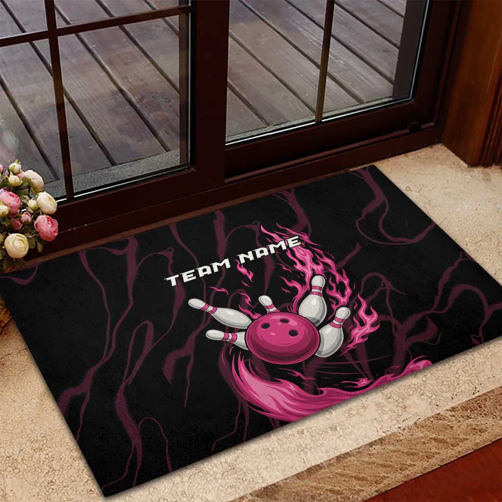 Pink Flaming Bowling Ball and Pins Rubber Doormat with Lightning Effect Graphic Design - Wonder Print Shop