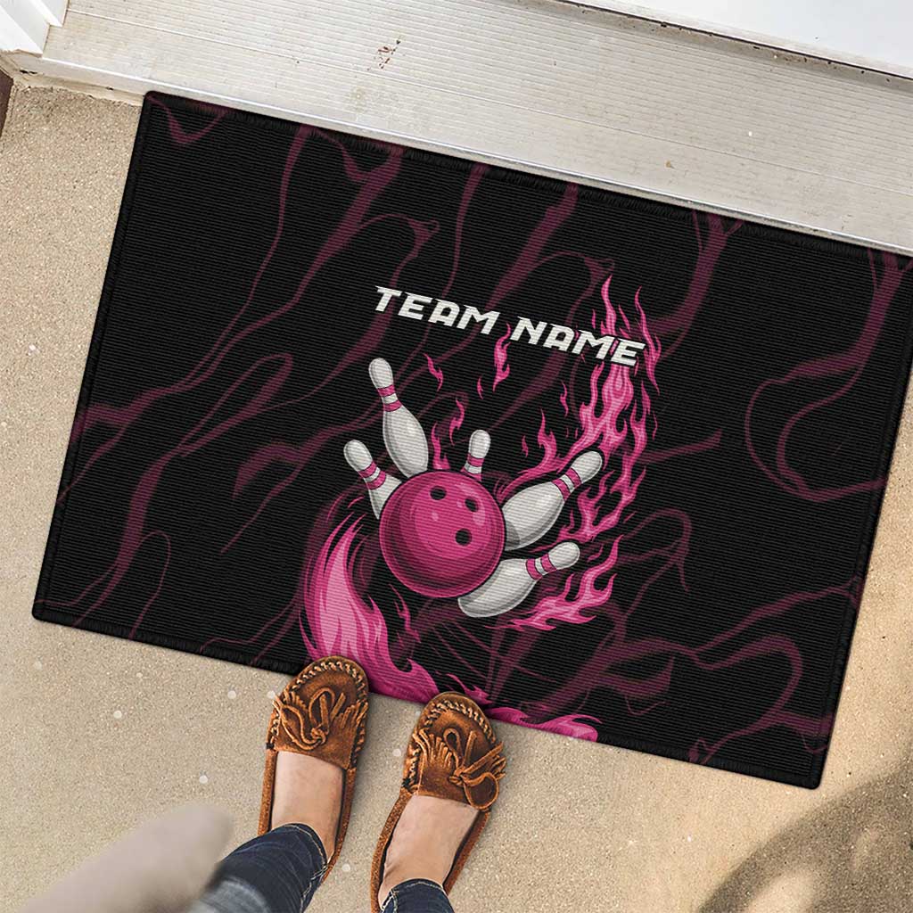 Pink Flaming Bowling Ball and Pins Rubber Doormat with Lightning Effect Graphic Design - Wonder Print Shop