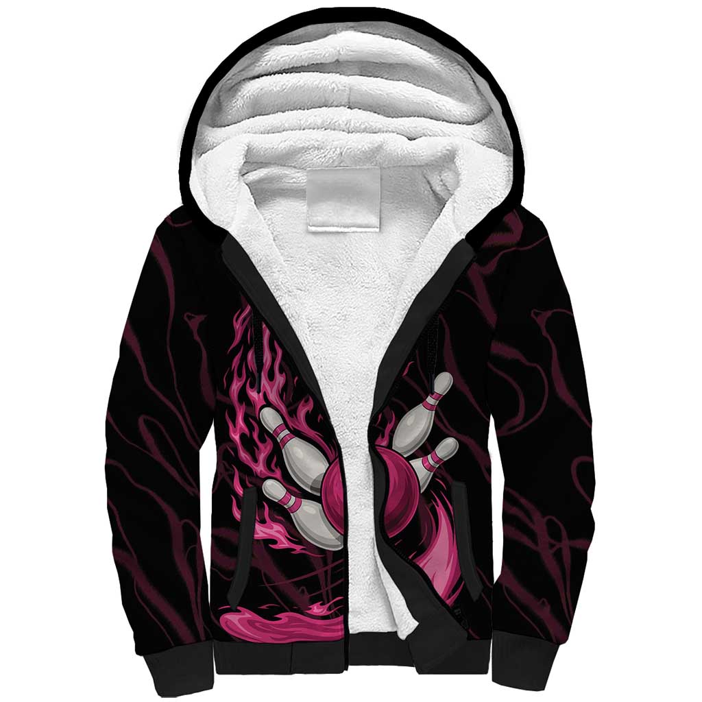 Pink Flaming Bowling Ball and Pins Sherpa Hoodie with Lightning Effect Graphic Design - Wonder Print Shop