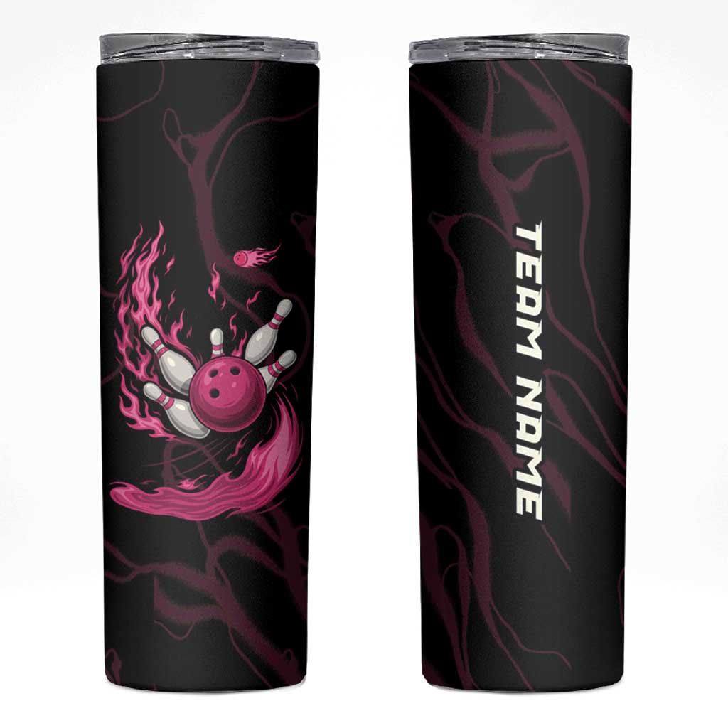 Pink Flaming Bowling Ball and Pins Skinny Tumbler with Lightning Effect Graphic Design - Wonder Print Shop