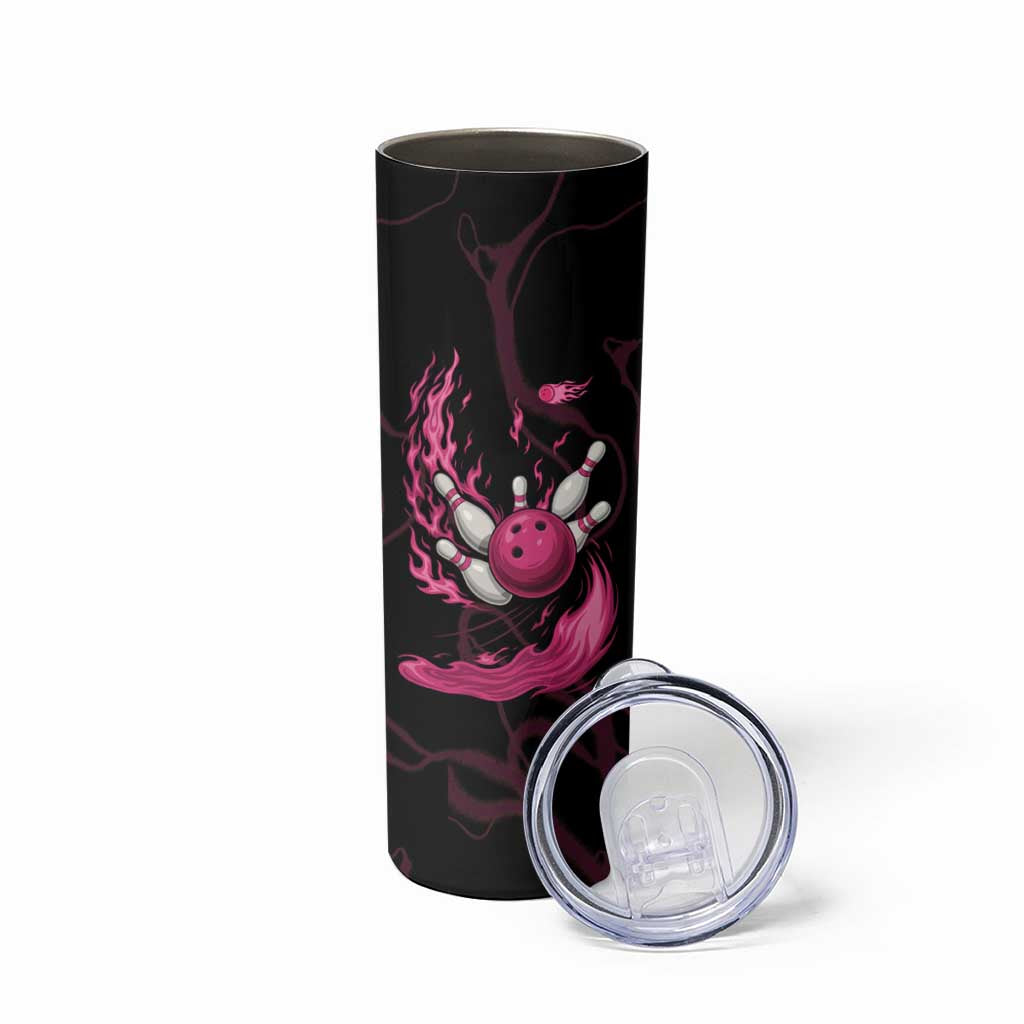 Pink Flaming Bowling Ball and Pins Skinny Tumbler with Lightning Effect Graphic Design - Wonder Print Shop