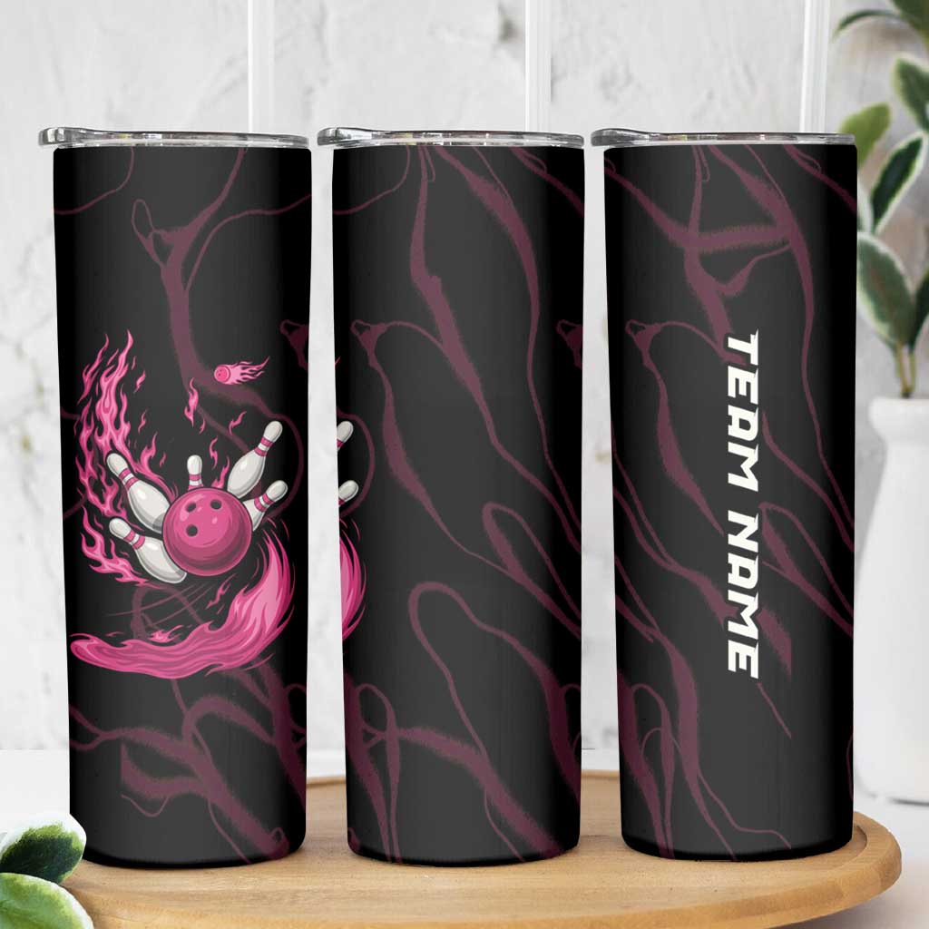 Pink Flaming Bowling Ball and Pins Skinny Tumbler with Lightning Effect Graphic Design - Wonder Print Shop