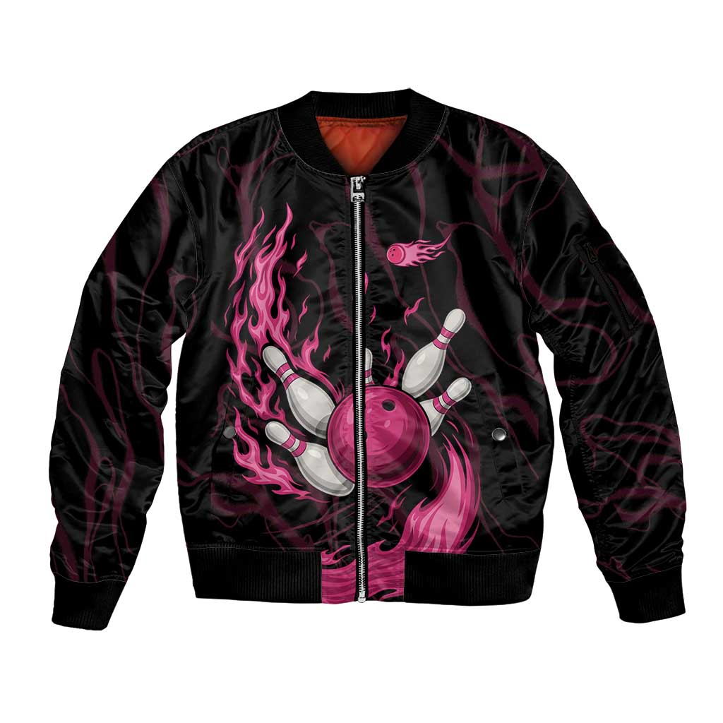 Pink Flaming Bowling Ball and Pins Sleeve Zip Bomber Jacket with Lightning Effect Graphic Design - Wonder Print Shop