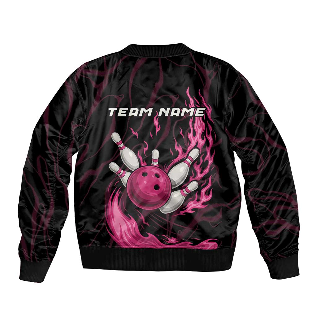 Pink Flaming Bowling Ball and Pins Sleeve Zip Bomber Jacket with Lightning Effect Graphic Design - Wonder Print Shop