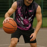 Pink Flaming Bowling Ball and Pins Sleeveless Hoodie with Lightning Effect Graphic Design - Wonder Print Shop